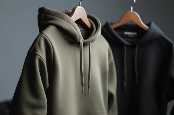two wholesale blank hoodies hanging on hanger